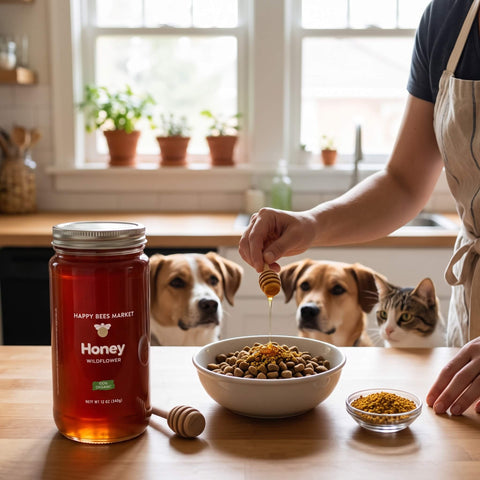 Happy Bees Market 12 oz raw wildflower honey and bee pollen drizzled over pet food to relieve sneezing and seasonal allergies in dogs and cats.