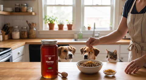 Drizzling raw wildflower honey and sprinkling organic bee pollen over a bowl of pet kibble with two dogs and a cat waiting in a sunny kitchen