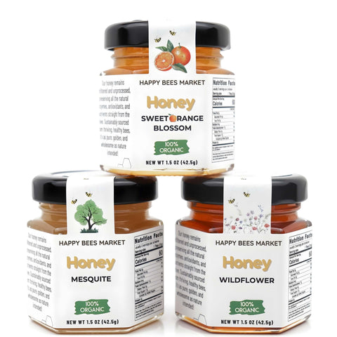 Arizona Honey Trio – raw Mesquite, Wildflower, and Orange Blossom honey in 1.5 oz mini jars, local unfiltered honey gift set from Happy Bees Market.