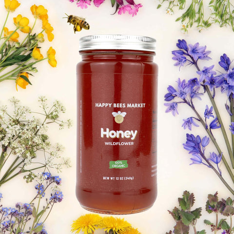 Happy Bees Market wildflower honey 12oz jar, 100% raw and unfiltered.