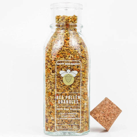Pure Raw Arizona Bee Pollen Granules in 4 oz traditional glass Muth jar with cork top
