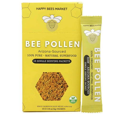 Box of raw Arizona bee pollen with 15 single-serve packets from Happy Bees Market.