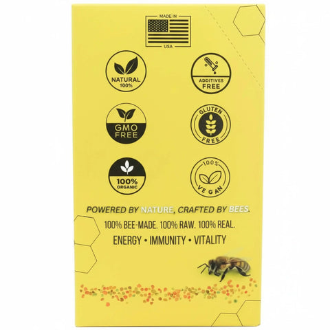 Happy Bees Market bee pollen packaging highlighting organic, non-GMO, gluten-free, vegan, and additive-free certifications.
