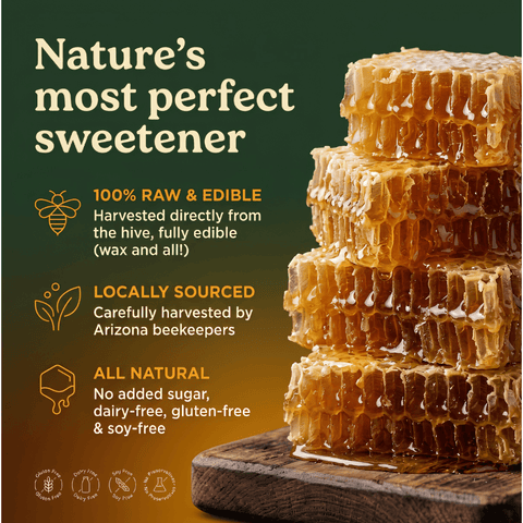 Stack of fresh golden raw honeycomb dripping with honey on a wooden board alongside key product benefits: 100% raw and edible, locally sourced by Arizona beekeepers, all-natural, gluten-free, and dairy-free.