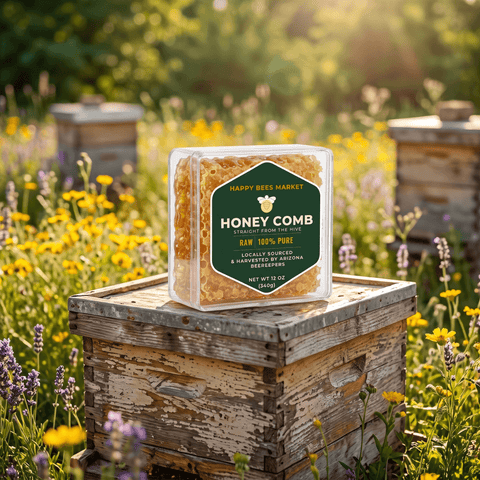 Happy Bees Market 12 oz packaged raw honeycomb resting on a rustic wooden beehive box in a blooming wildflower apiary field.