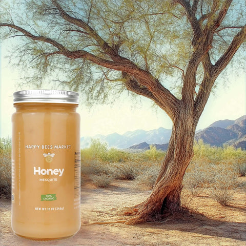 Smooth light-amber mesquite honey in embossed glass Muth Jar – sustainably harvested