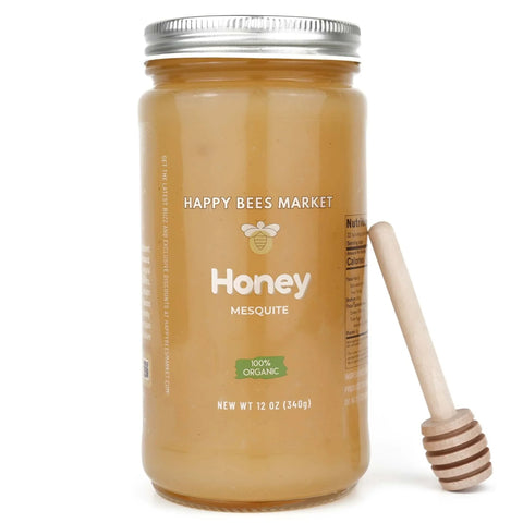 Raw Arizona Mesquite Honey 12oz jar from Happy Bees Market for seasonal allergy relief.