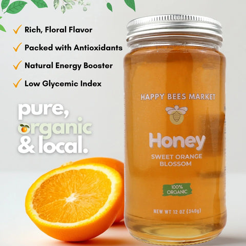 Sweet floral Arizona orange blossom honey in 12 oz glass jar