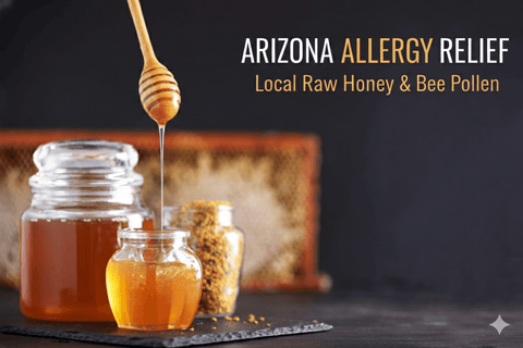 Two jars of Happy Bees Market raw Arizona wildflower honey and local bee pollen for seasonal allergy support with a desert cactus background.