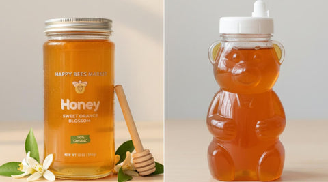 Raw Arizona honey stored in a glass jar compared to honey stored in a plastic container