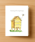 Handmade bee greeting card with hive illustration – “Buzzing Off to Big Things”