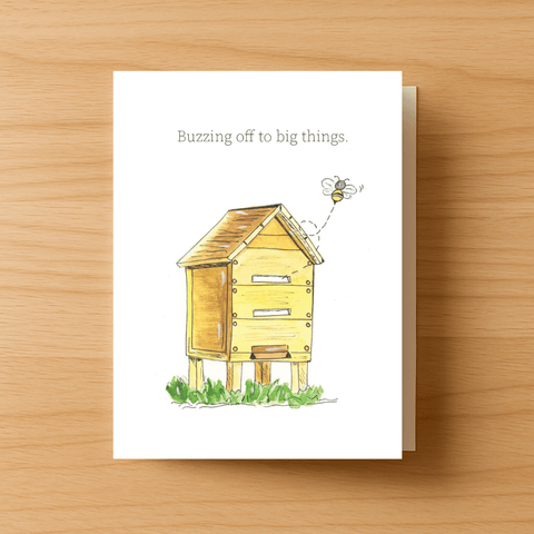 Handmade bee greeting card with hive illustration – “Buzzing Off to Big Things”