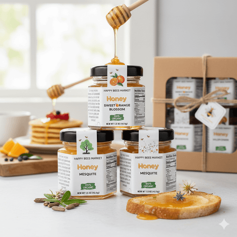Arizona honey trio gift set featuring raw mesquite, wildflower, and orange blossom honey in 1.5oz mini glass jars from Happy Bees Market.