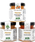 Arizona Honey Trio – raw Mesquite, Wildflower, and Orange Blossom honey in 1.5 oz mini jars, local unfiltered honey gift set from Happy Bees Market.