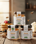 Three-pack of raw Arizona honey minis including mesquite, wildflower, and orange blossom flavors in 1.5oz glass jars, locally harvested by Happy Bees Market.