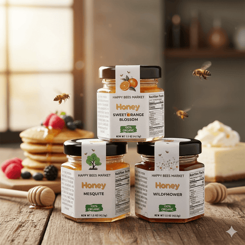 Three-pack of raw Arizona honey minis including mesquite, wildflower, and orange blossom flavors in 1.5oz glass jars, locally harvested by Happy Bees Market.