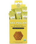 Happy Bees Market Arizona-sourced bee pollen single-serve packets displayed in a yellow box package.