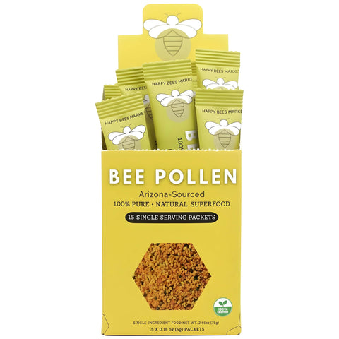 Happy Bees Market Arizona-sourced bee pollen single-serve packets displayed in a yellow box package.