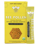 Box of raw Arizona bee pollen with 15 single-serve packets from Happy Bees Market.