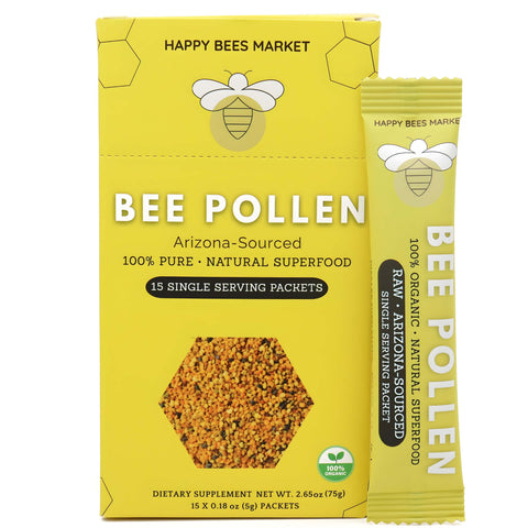 Box of raw Arizona bee pollen with 15 single-serve packets from Happy Bees Market.