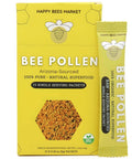 Box of raw Arizona bee pollen with 15 single-serve packets from Happy Bees Market.