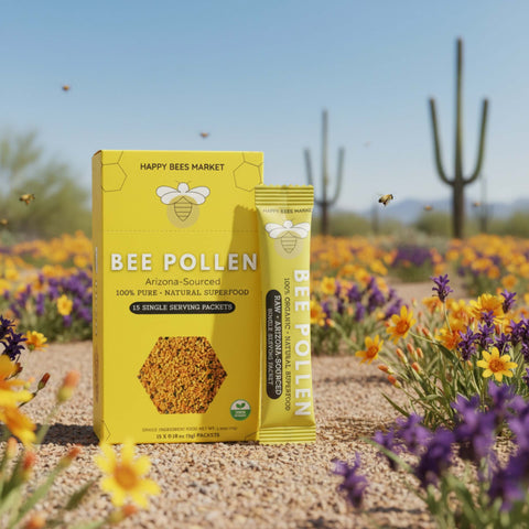 Happy Bees Market Arizona-sourced bee pollen single-serve packets displayed in an Arizona desert wildflower landscape.