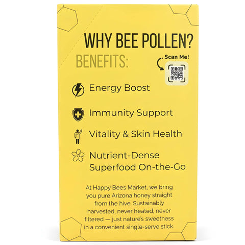 Happy Bees Market bee pollen box showing benefits including energy boost, immunity support, and nutrient-dense superfood.