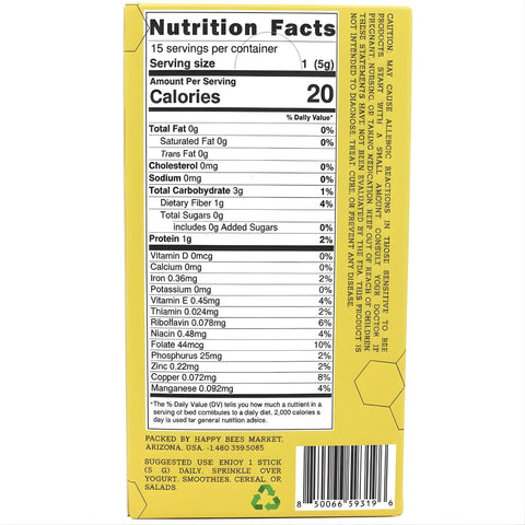 Happy Bees Market bee pollen nutrition facts label with serving size, calories, vitamins, and minerals.