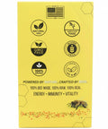 Happy Bees Market bee pollen packaging highlighting organic, non-GMO, gluten-free, vegan, and additive-free certifications.