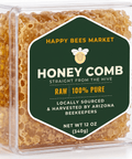Happy Bees Market 12 oz clear container of 100% pure raw edible honeycomb locally harvested by Arizona beekeepers.