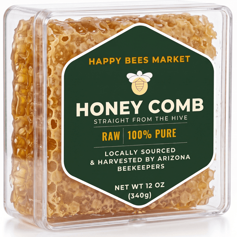 Happy Bees Market 12 oz clear container of 100% pure raw edible honeycomb locally harvested by Arizona beekeepers.