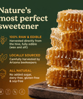 Stack of fresh golden raw honeycomb dripping with honey on a wooden board alongside key product benefits: 100% raw and edible, locally sourced by Arizona beekeepers, all-natural, gluten-free, and dairy-free.