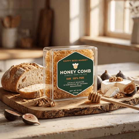 Happy Bees Market 12 oz raw edible honeycomb in a clear clamshell container displayed on a wooden charcuterie board with brie cheese, fresh figs, walnuts, and crusty bread.
