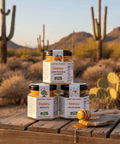 Mini raw Arizona honey sampler with mesquite, wildflower, and orange blossom honey in 1.5oz glass jars.