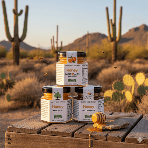 Mini raw Arizona honey sampler with mesquite, wildflower, and orange blossom honey in 1.5oz glass jars.