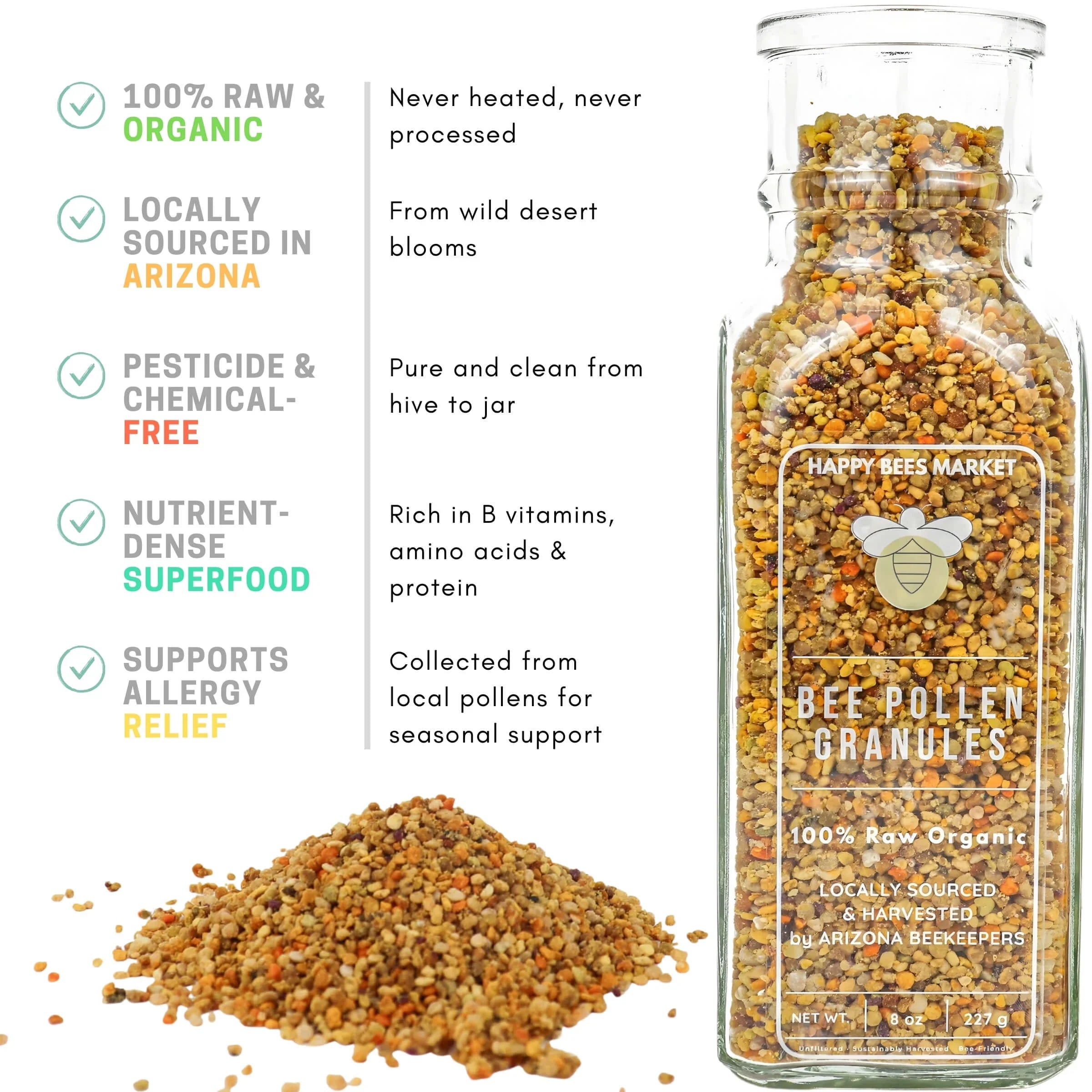Raw Arizona Bee Pollen Granules | Happy Bees Market